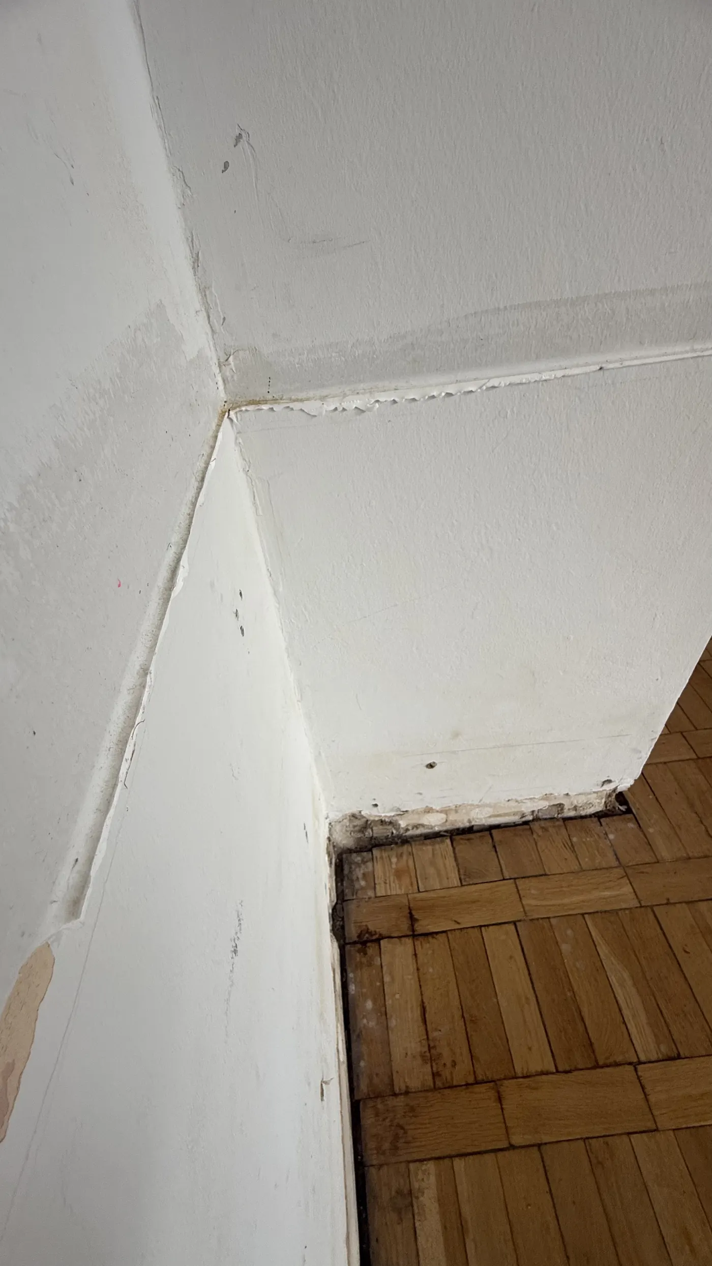 Ausgangszustand: beschädigte Kante und abgeplatzter Putz im Sockelbereich